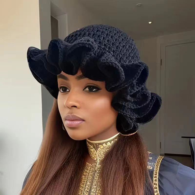 跨境爆款欧美时尚大檐帽可爱软妹渔夫帽秋冬个性荷叶边钩织毛线帽