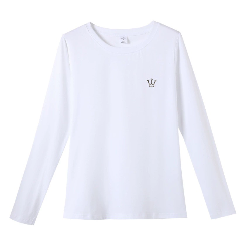 Женская футболка из хлопка с вышивкой в виде короны, однотонная, осенне-зимняя, в стиле Ins, приталенная, с длинным рукавом, для офиса, стройнящая фигуру