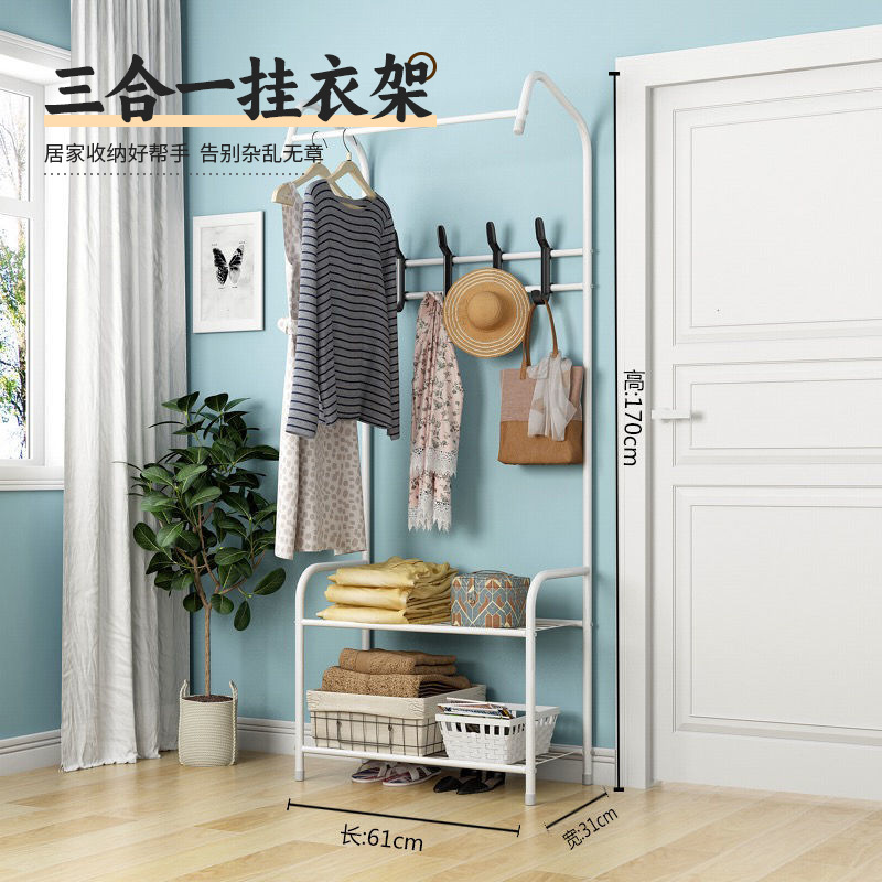 Cream style hanging rack bedroom floor standing home simple coat hat rack with wheels movable rack storage shelf