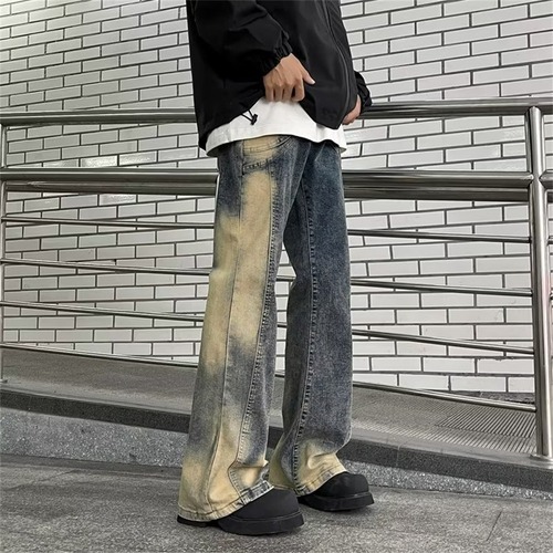 American-style vintage patchwork irregular yellow-dyed denim jeans | Men's and women's relaxed-fit, figure-flattering, flowy high-street micro-flare trousers