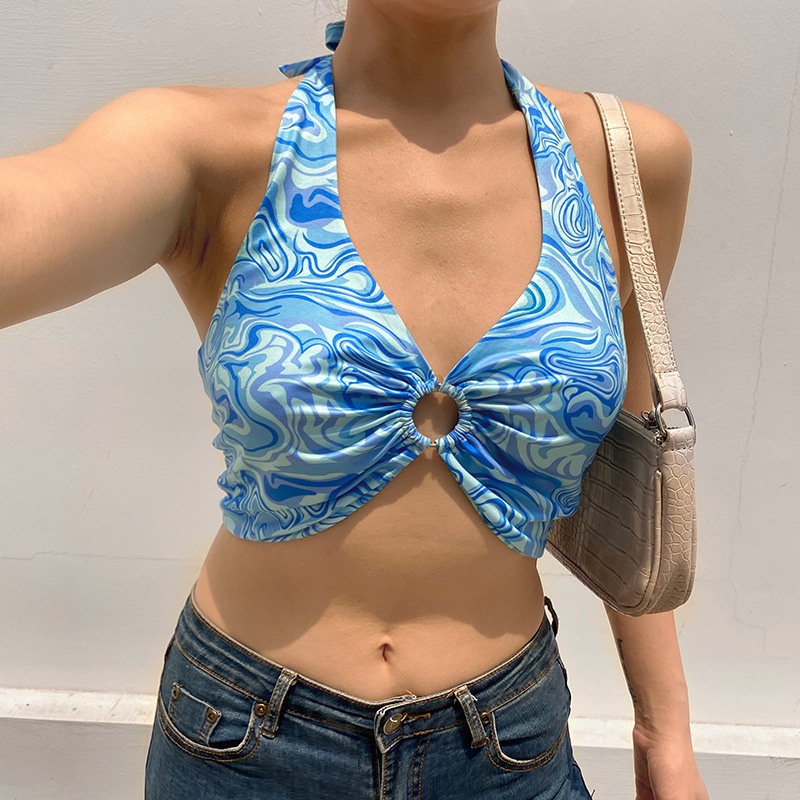 Vortex printing back tied halter top NSLQ47610