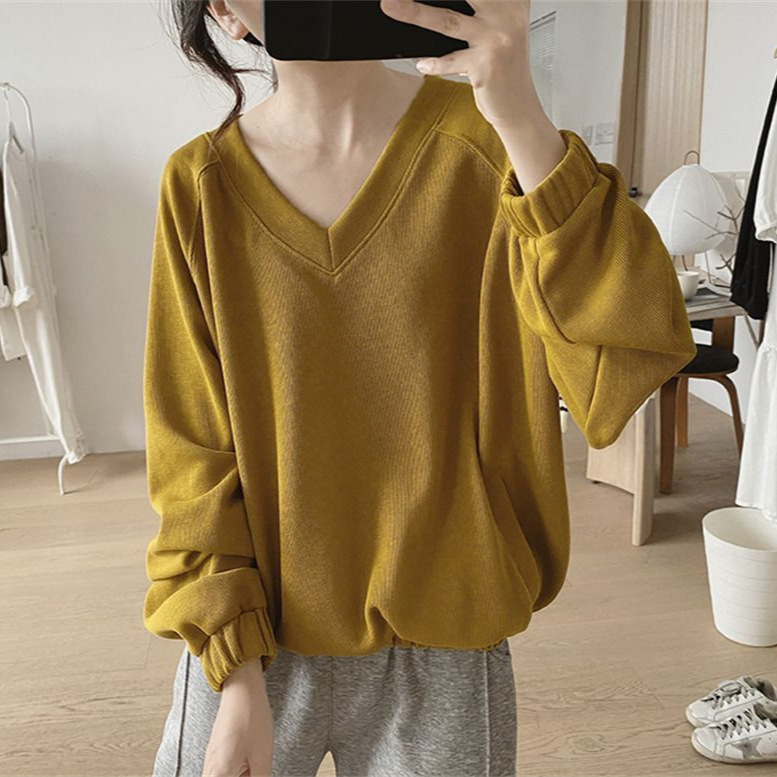 V-Neck Long-Sleeved T-Shirt Sweat Women's Spring and Autumn Loose plus size Slimming Niche Design Sense Chubby Girl's Top V-Neck Long-Sleeved T-Shirt Sweat Women's Spring and Autumn Loose plus size Slimming Niche Design Sense Chubby Girl's Top