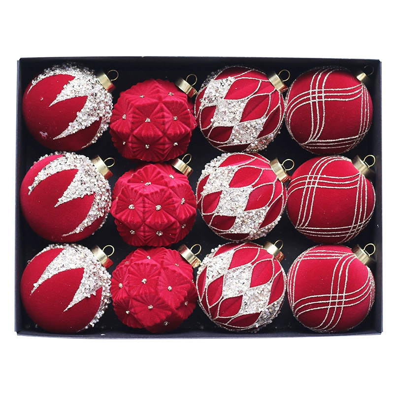 Cross-border new product Christmas ball ornament 8cm/12pcs rhinestone velvet Christmas ball set Christmas tree hanging ornament