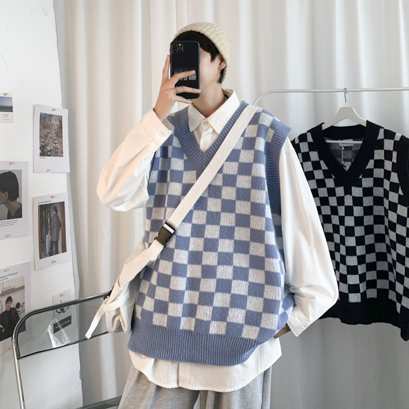 Autumn Plaid Sleeveless Sweater Men's Hong Kong Style ins Loose Outer Wearing Vest Korean Fashionable Knitted V-Neck Vest