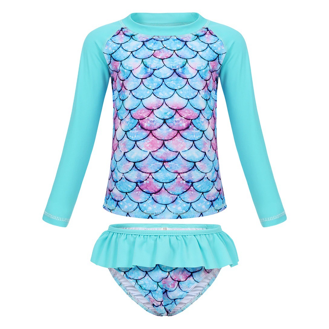 Европейский и американский трансграничный детский раздельный купальник с длинным рукавом, новый купальник-бикини для девочек с 3D-принтом Русалка