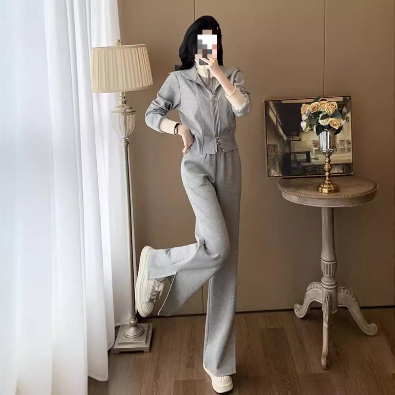 高级感灰色运动套装女秋休闲百搭洋气减龄假两件外套阔脚裤两件套|undefined