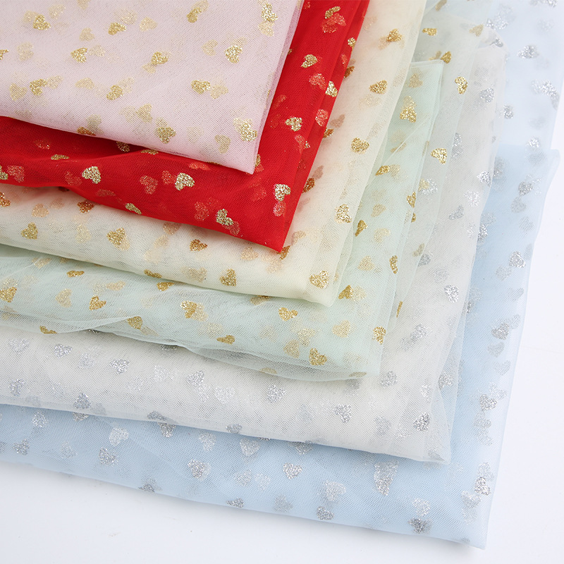 网纱印金桃心锦纶面料 现货 夏季连衣裙网纱布料