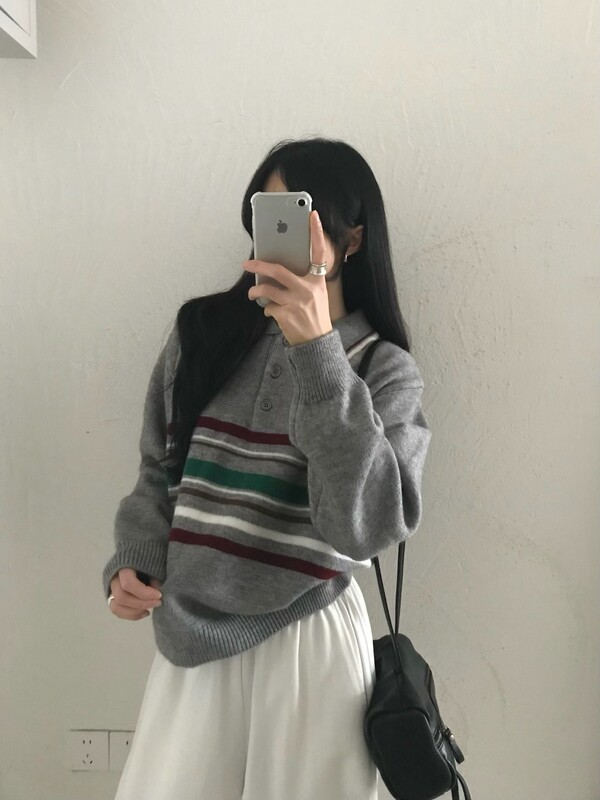 韩系polo领条纹长袖针织衫上衣女秋季新款宽松软糯慵懒风百搭毛衣|undefined