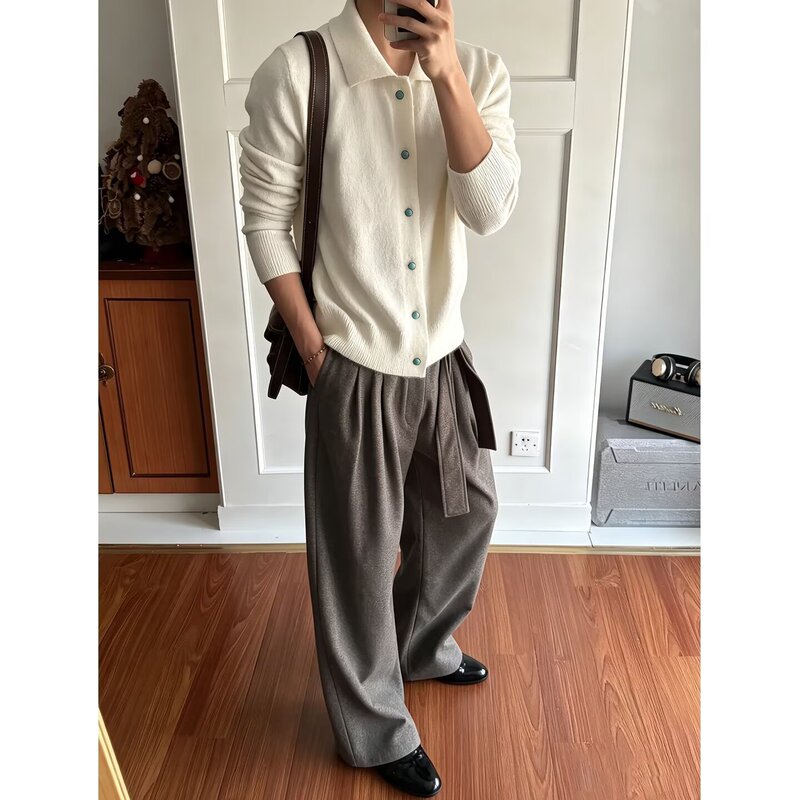 White turquoise sweater cardigan for men, autumn boxy old money style, lapel knit sweater, American cleanfit outerwear White turquoise sweater cardigan for men, autumn boxy old money style, lapel knit sweater, American cleanfit outerwear