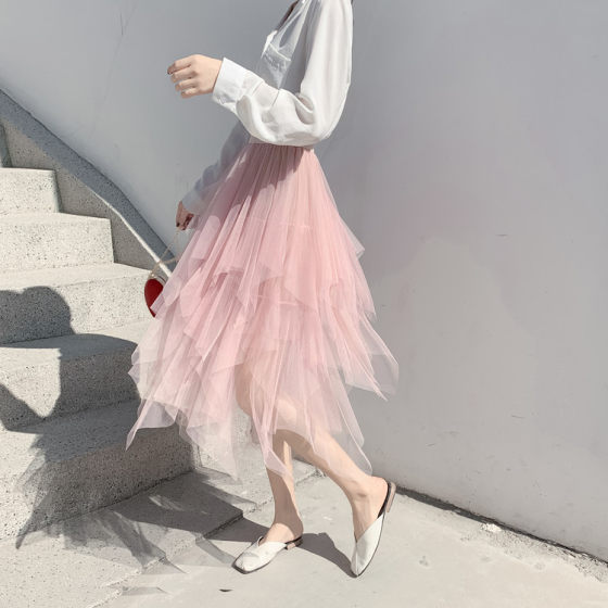 Irregular Mesh Skirt Women's Mid-length 2025 Spring New Style Veil Skirt High Waist All-match Slim Look Skirt