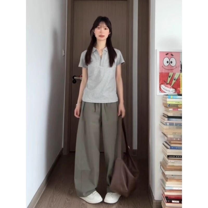 Pure Desire Gray Straight-Shoulder Short-Sleeve T-Shirt for Women, Summer New Slim-Fit Pure Cotton Polo Shirt, Short V-Neck Top Pure Desire Gray Straight-Shoulder Short-Sleeve T-Shirt for Women, Summer New Slim-Fit Pure Cotton Polo Shirt, Short V-Neck Top