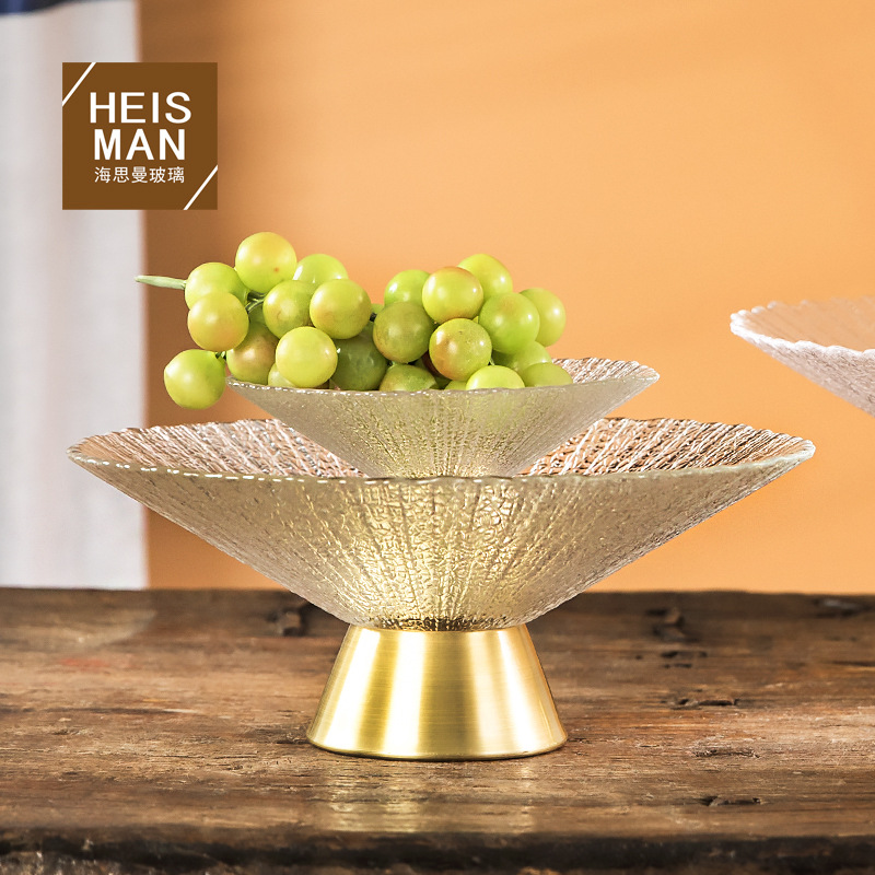 Hieman High-Grade Copper-Base Glass Fruit Bowl Large Candy Tray Nuts Tray Coffee Table Storage Accent Fruit Bowl Wholesale