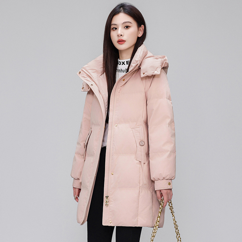 Counter Mid-Length down Jacket for Women Simple Hooded White Duck down Casual Fashion Loose Thickened Warm Jacket Wholesale