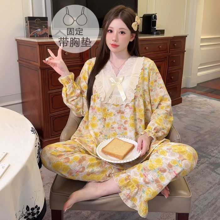 胖mm睡衣女春秋季薄款带胸垫云朵棉公主风碎花长袖套装大码家居服|undefined