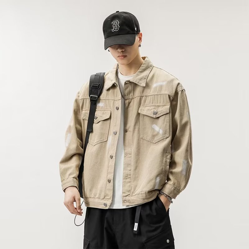Cross-Border 2024 New Khaki Hong Kong Style Denim Jacket Ins Street Fashion Paint Graffiti Loose Denim Jacket for Men