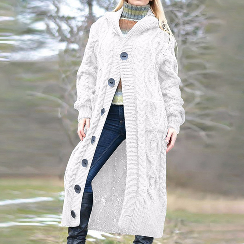 Suéter Largo de Punto con Botones y Capucha para Mujer, Color Sólido, Estilo Cardigan, Novedad Otoño-Invierno 2025, Comercio Exterior Transfronterizo, Amazon