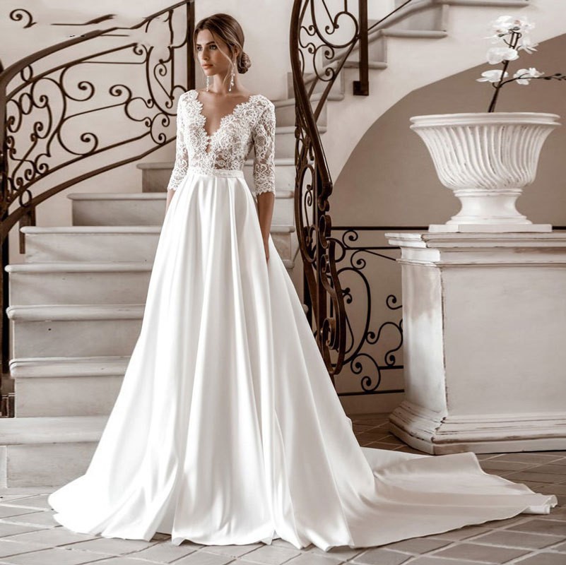 El Comercio exterior europeo y americano Amazon AliExpress desea nuevo vestido de novia de encaje con cuello en V sexy para adelgazar vestido de novia largo