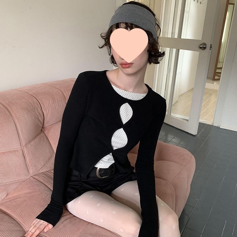 秋季新款纯欲风辣妹短款长袖恤女修身显瘦设计感假两件上衣|undefined