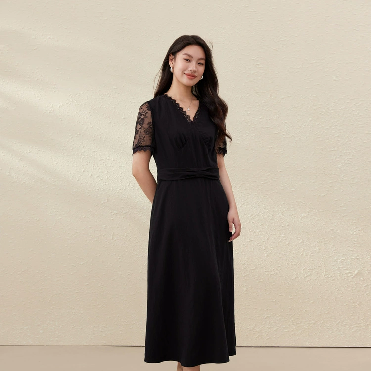 [Модное легкое зрелое черное тонкое платье с V-образным вырезом] Fellny Show большой размер женский толстый mm2025 летний новый