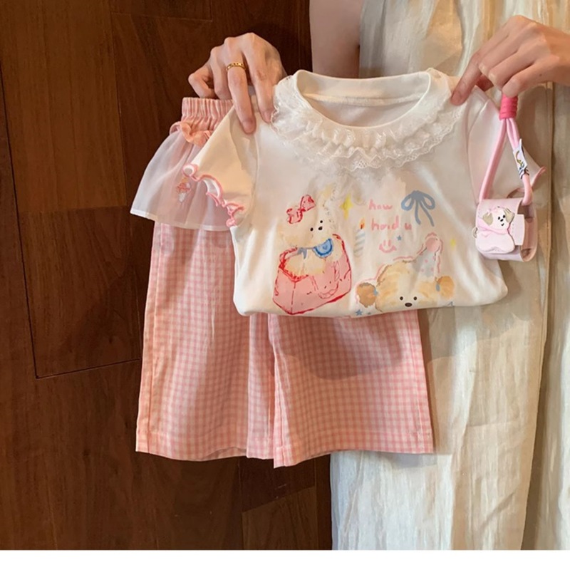 Ningli 女の子のファッショナブルで甘いスーツ夏 2025 新しいスタイルの小さな女の子ベビー半袖ワイドレッグパンツ 2 点セットトレンディ|undefined