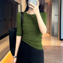 打底衫女春夏修身圆领牛油果绿针织衫洋气新款休闲修瘦五分袖上衣