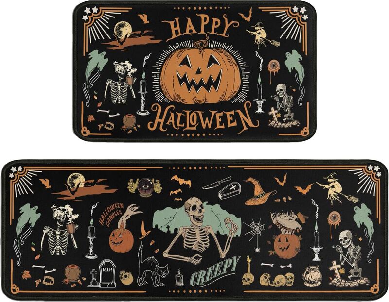 国境を越えたハロウィーンのカボチャの床マットキッチンの2つのセットの長さは汚れに強い吸水足マット玄関マットを管理しやすい|undefined