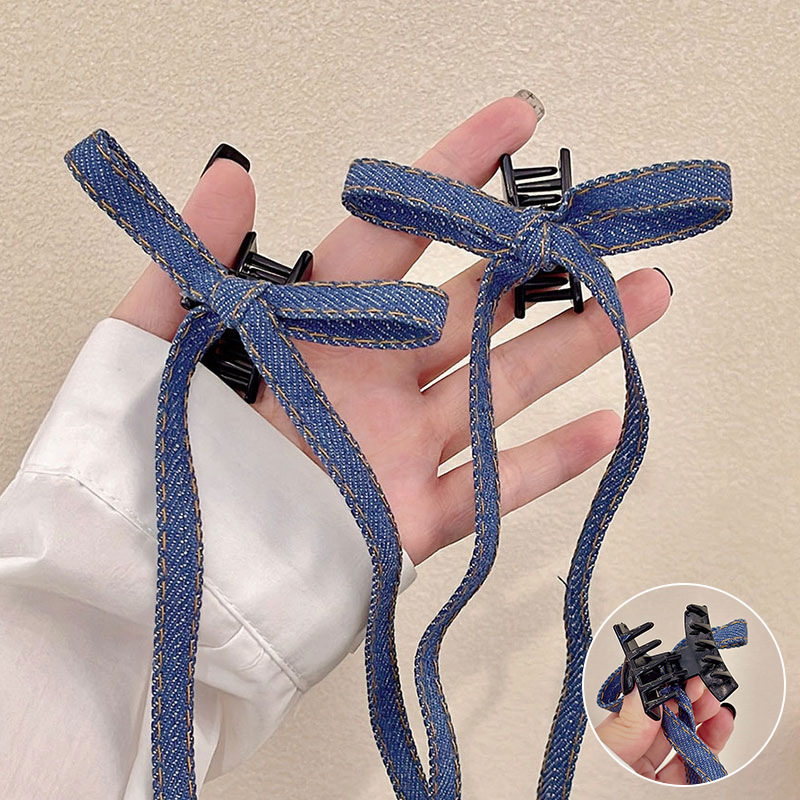 甘くてクールなデニムリボンリボンヘアピン女性用、ハイエンドの後頭部トップクリップ、シンプルなダブルポニーテールヘアアクセサリー夏|undefined