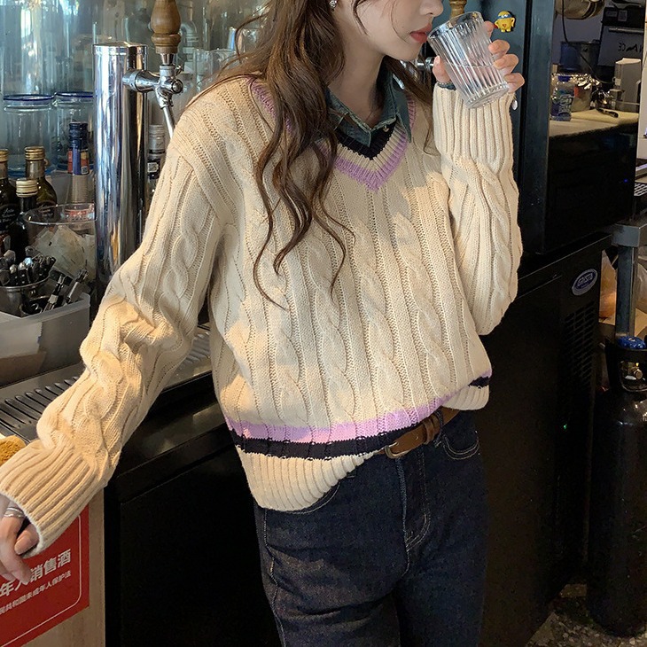 24 invierno Puyuan estilo casual japonés y coreano ropa de mujer casual lana mezcla chaqueta suéter de cuello en V image 1