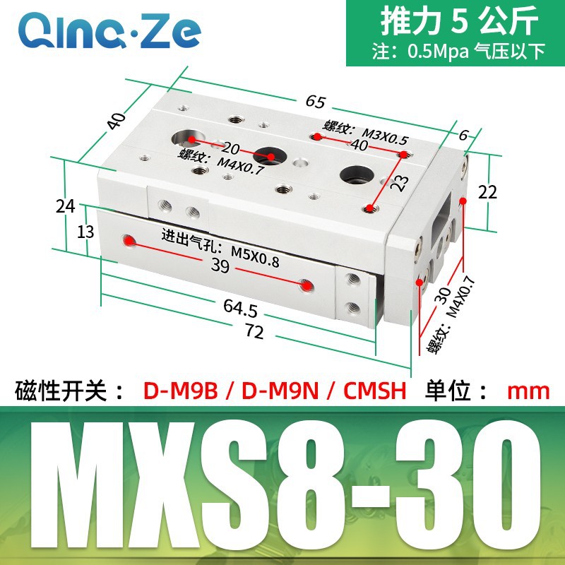 Cilindro neumático MXS HLS con riel 6 8 12 16 20 10 20 30 40 50 A AS B