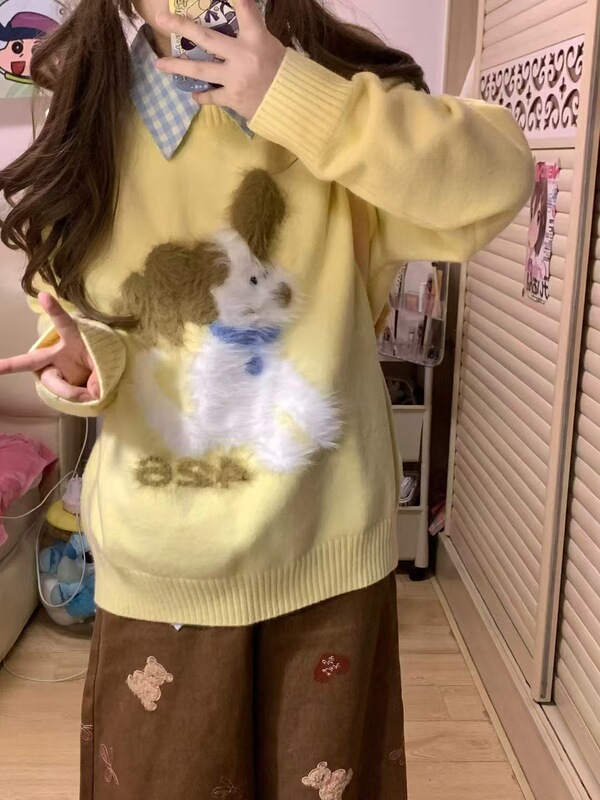 慵懒风小狗提花毛衣女2025秋冬新款休闲宽松套头打底针织衫上衣潮|undefined
