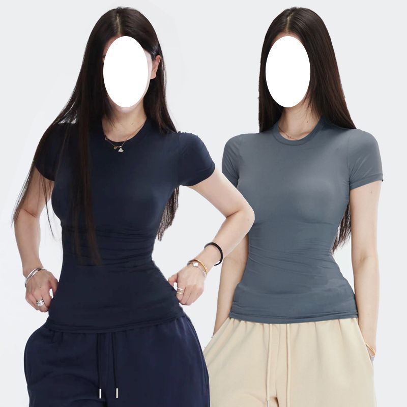 半袖春夏スリムフィット伸縮性右肩タイトピンクTシャツ半袖トップス女性用|undefined