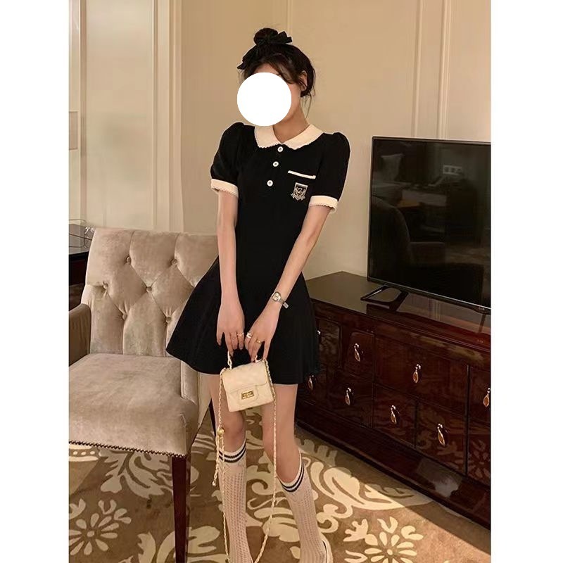 夏季新款设计感时尚POLO领短袖连衣裙女修身显瘦A子裙赫本风短裙|undefined