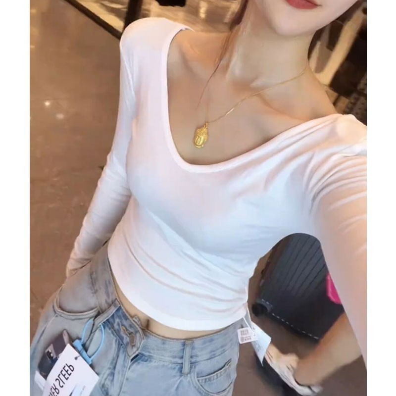 纯欲风正肩V领长袖T恤女2025早秋新款内搭洋气上衣显瘦紧身打底衫|undefined