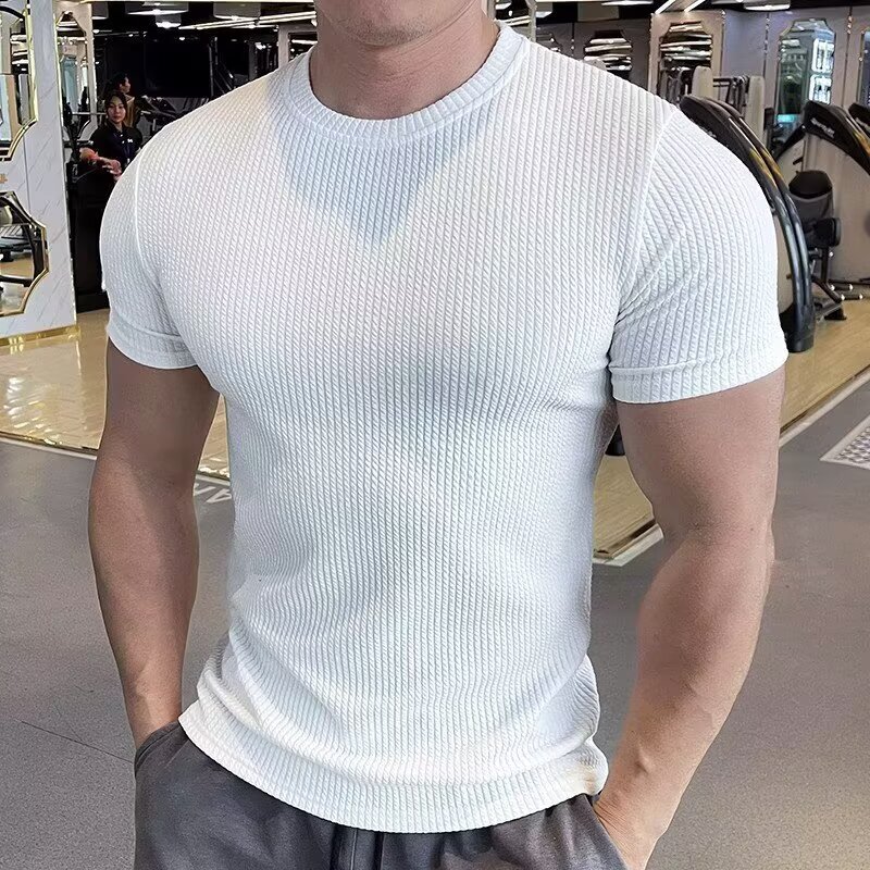 Summer Sports Fitness Short-Sleeved Men's Textured Sleeves Quick-Drying T-Shirt Muscle Elastic Slim Round Neck Top