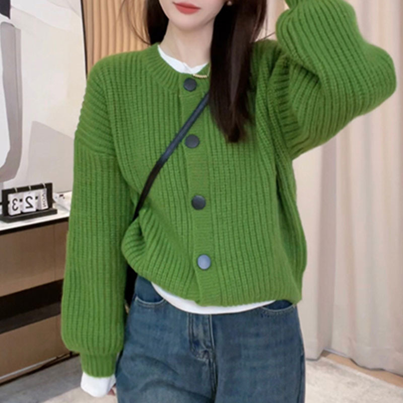 2024 Spring and Autumn New Lazy Style Crewneck Knitted Cardigan Women's Loose Solid Color Sweater Women's Coat Korean Style Top