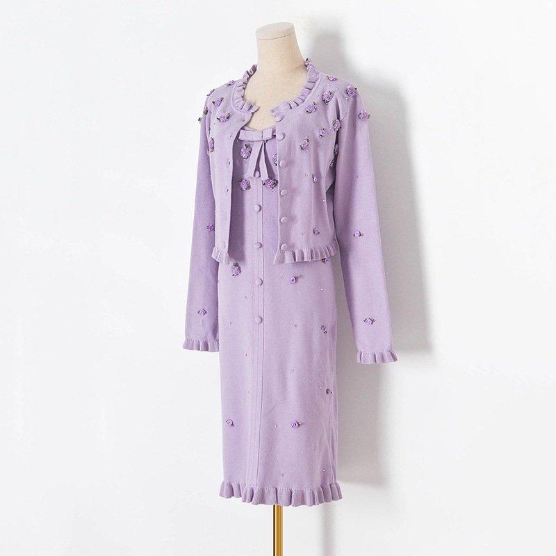 Women's Clothing Flower Diamond Ruffle Knit Cardigan + Suspender Dress Women's Set_voghion.com