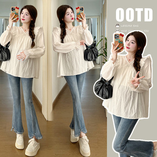 in stock 2024 Maternity Autumn Fashion Cotton Shirt Loose Casual Pregnant Women Top