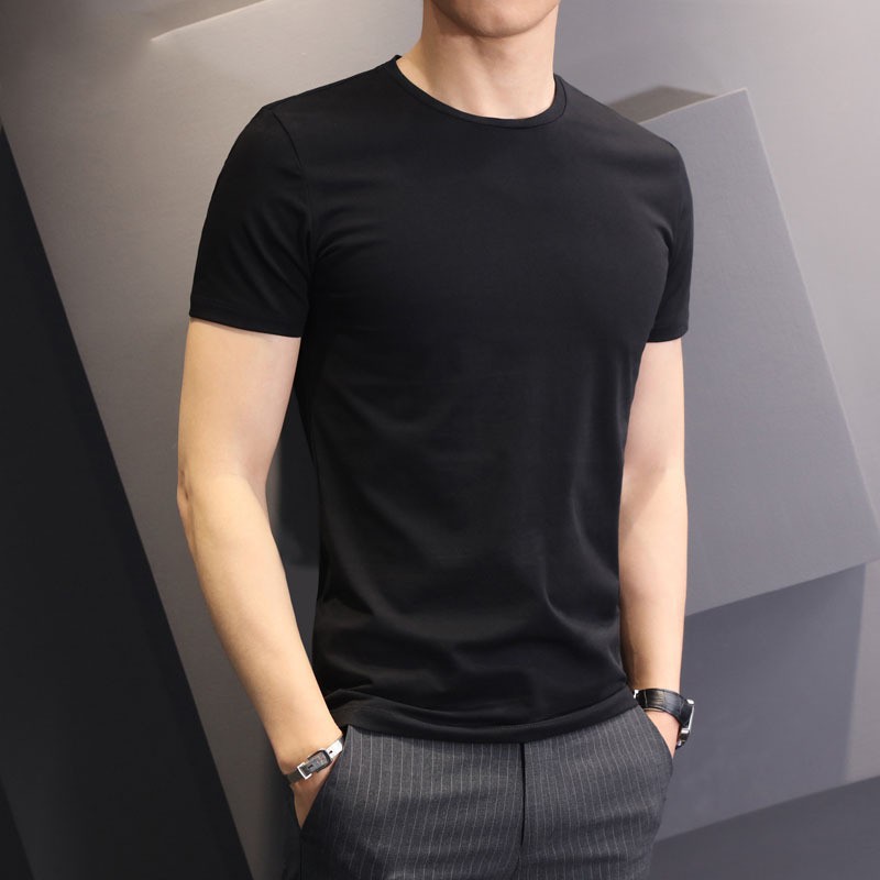 퓨어 블랙 라운드넥 밀크 실크 티셔츠