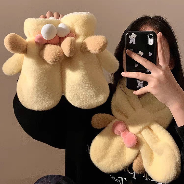 可爱韩版饼饼毛绒手套女生冬季户外保暖加绒加厚护颈围脖手套批发|undefined