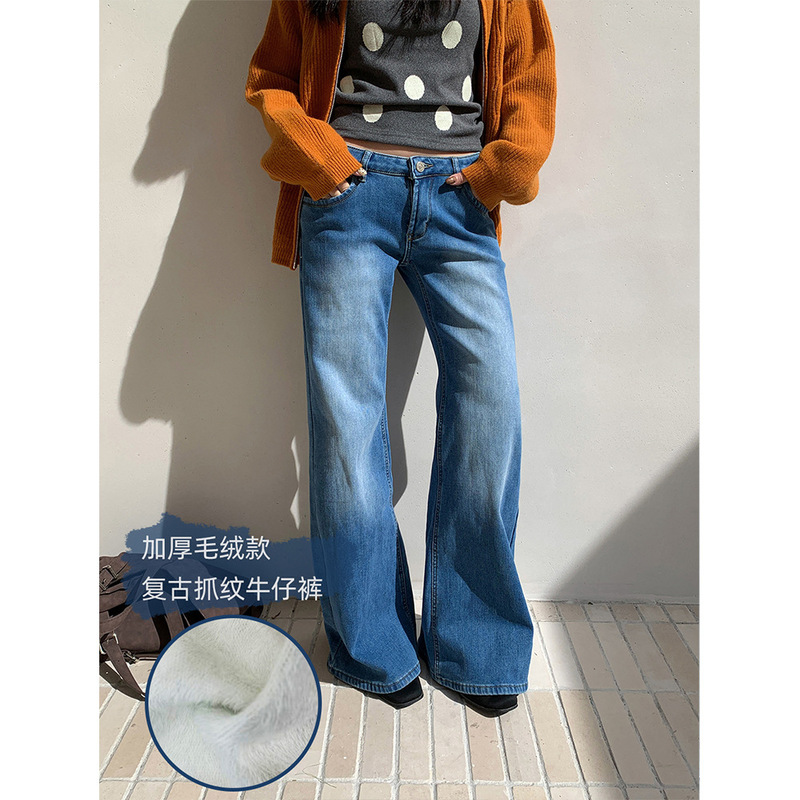 Yuyi New 2025 Winter American Low-Waist Straight Jeans Women's Versatile Composite Velvet Pants Women Cx7112