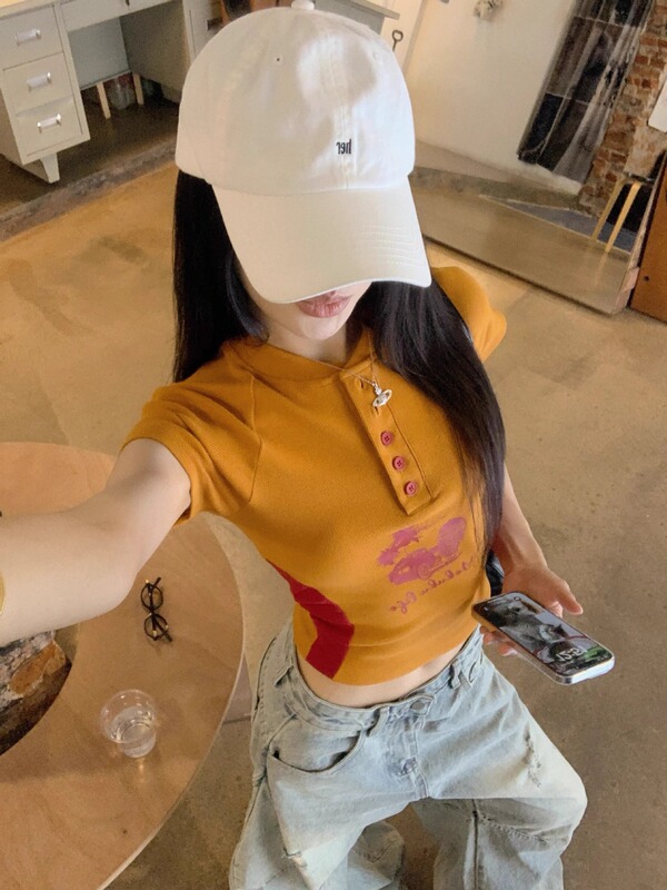 アメリカンレトロポロカラープリントピットストリップカラーブロック半袖Tシャツレディース夏ニッチデザインスリムフィットトップ|undefined