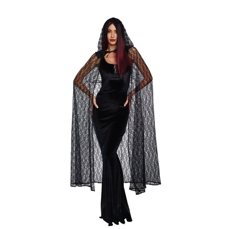 ホット販売ハロウィンブラックレースフード付き魔女マントショール薄いストラップ超ロングマントダークスタイル|undefined
