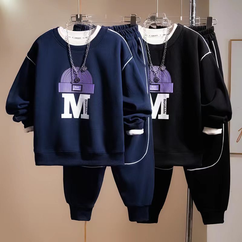 Beau pull de sport décontracté pour garçons, ensemble deux pièces ample avec lettres imprimées, ensemble DF, printemps et automne, 1403_voghion.com