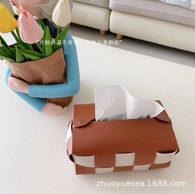 DIY 가죽 짠 티슈 상자 창조적 인 새로운 바둑판 흑백 종이 상자 PU 가정용 티슈 보관 상자