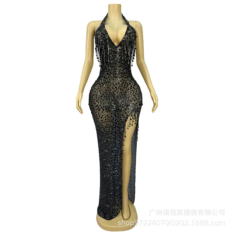European and American Luxury Neck-hanging Rhinestone Shining Performance Suit Female Singer High-end Atmospheric Black Fashion Fashion Dress Annual Meeting Dress