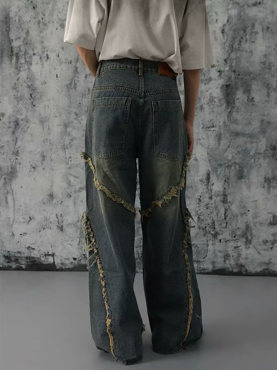 Unisex High Street Vintage Washed Distressed Patchwork Jeans Relaxed Wide Leg Straight Denim Pants for Men And Women_mkmklike.com