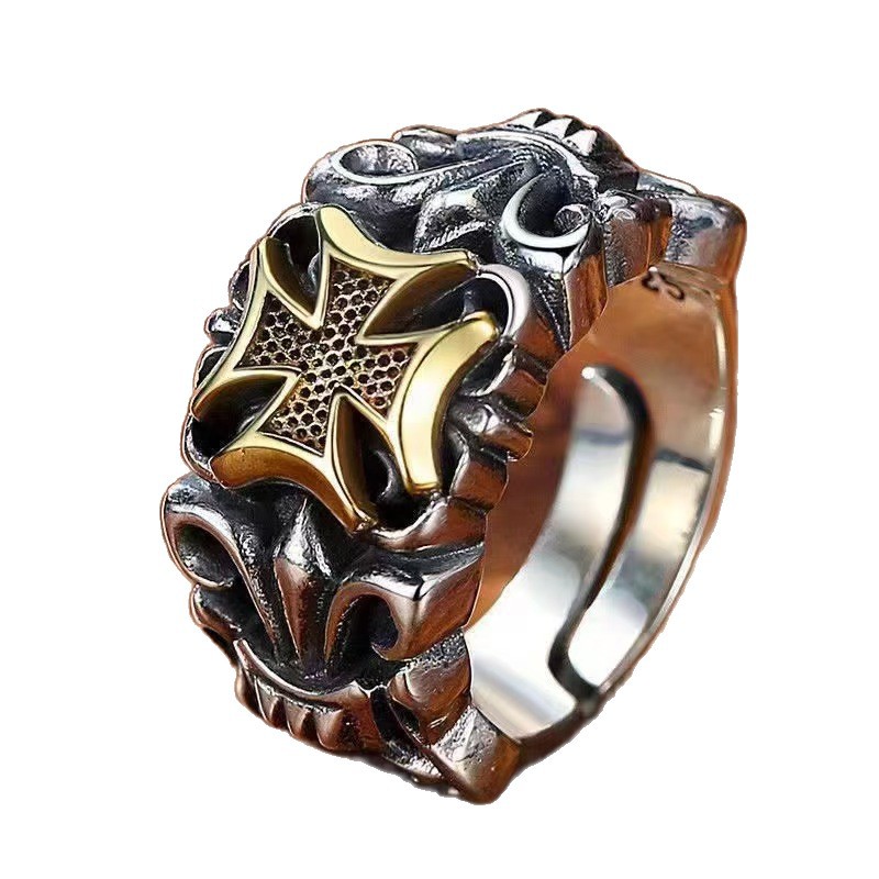 Vintage Silver Cross Anchor Ring For Men Unique Punk Style_voghion.com