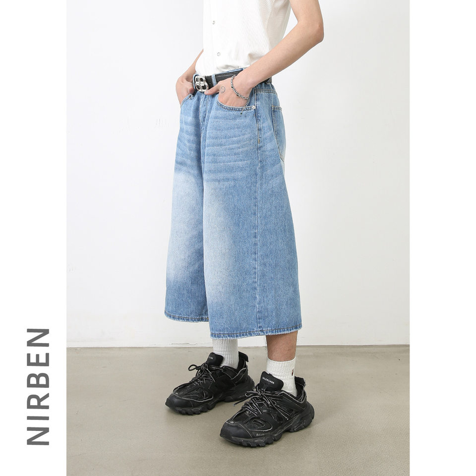 Quần short jean nữ ống rộng lửng cá tính phong cách đường phố — Làm cũ, Màu trắng, Rằn ri, Xanh lam cổ điển