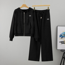 跨境时尚休闲运动针织套装女秋冬宽松连帽时尚拉链外套长裤两件套
