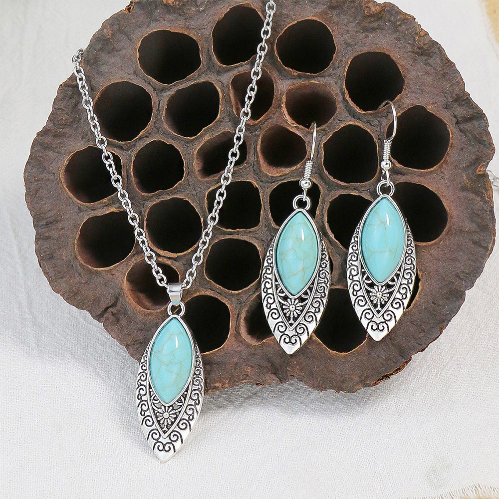 December Birthstone Turquoise Inlay Material Jewelry Set Classification Ethnic Style Color Block Alloy Inlay Turquoise Women's Jewelry Set